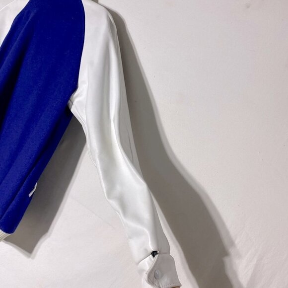 Vintage ‘77 Blue Varsity Jacket W White Leather Sleeves Wetaskiwin Sportshop S - Picture 13 of 16